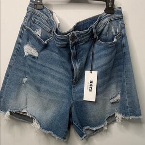 Distressed High-Rise Denim Shorts - Light Blue